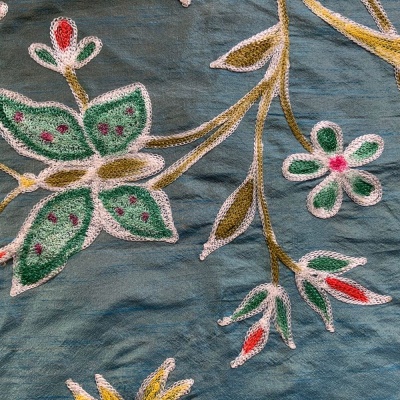 Blue Embroidered Silk Crewelwork Fabric
